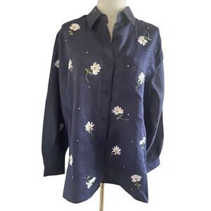 Quacker Factory Blue Floral Button Down Blouse Size Small